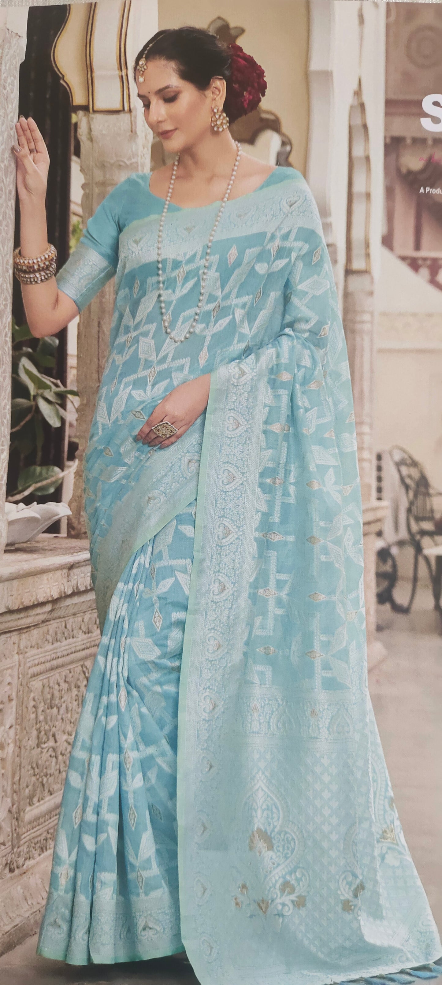 Turquish color cotton silk saree