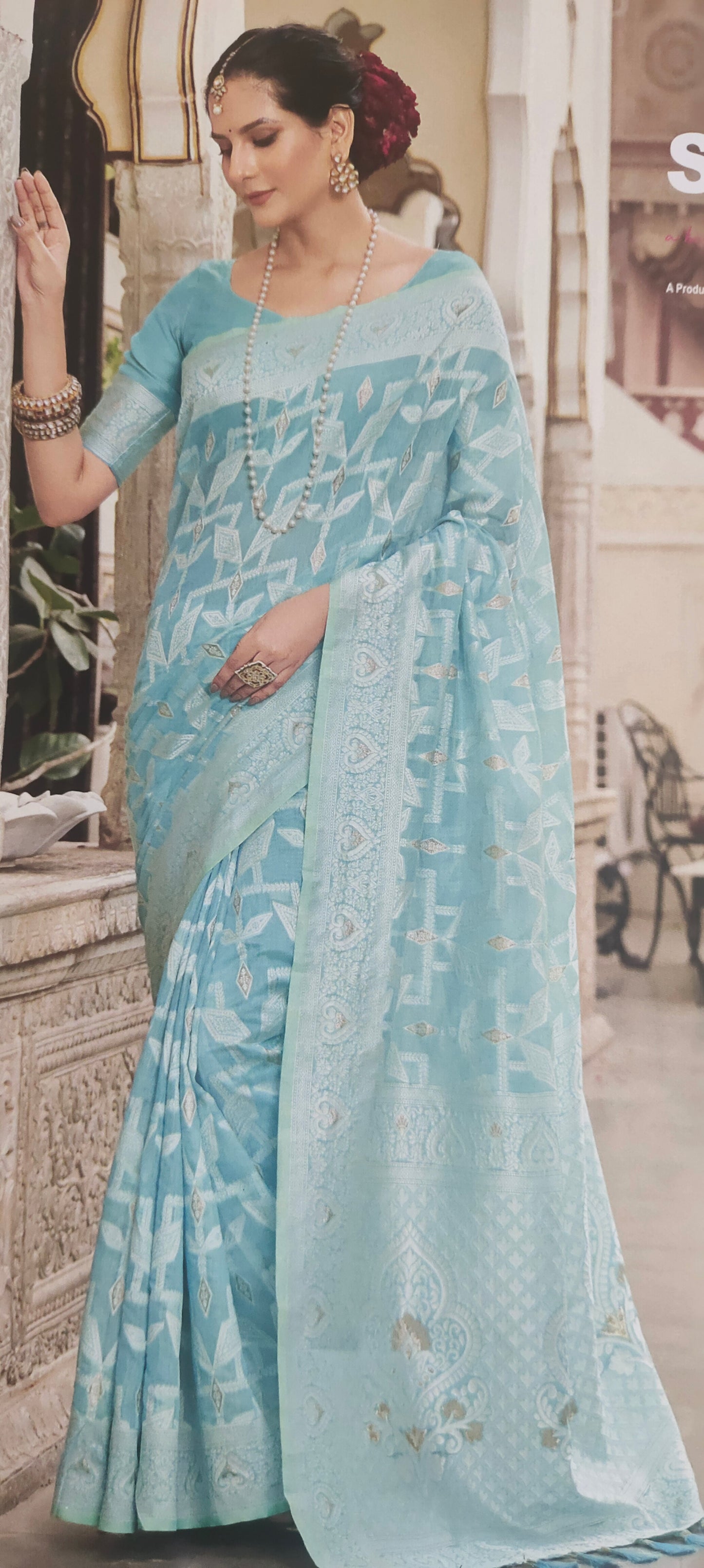Turquish color cotton silk saree