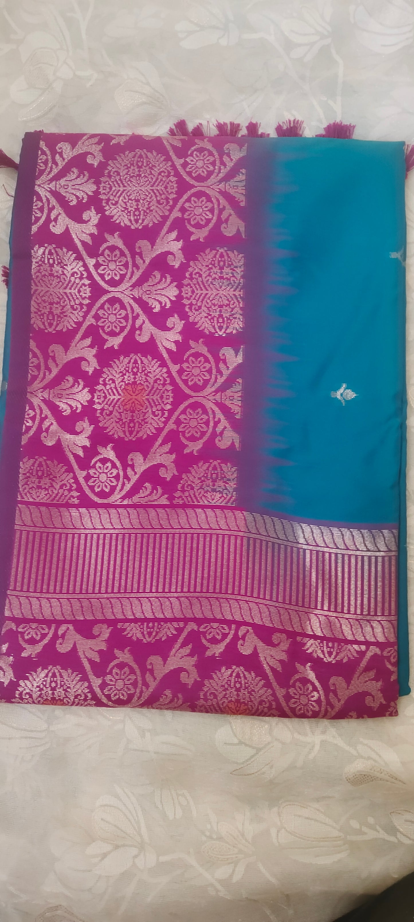 Blue color saree with pink border soft silk saree