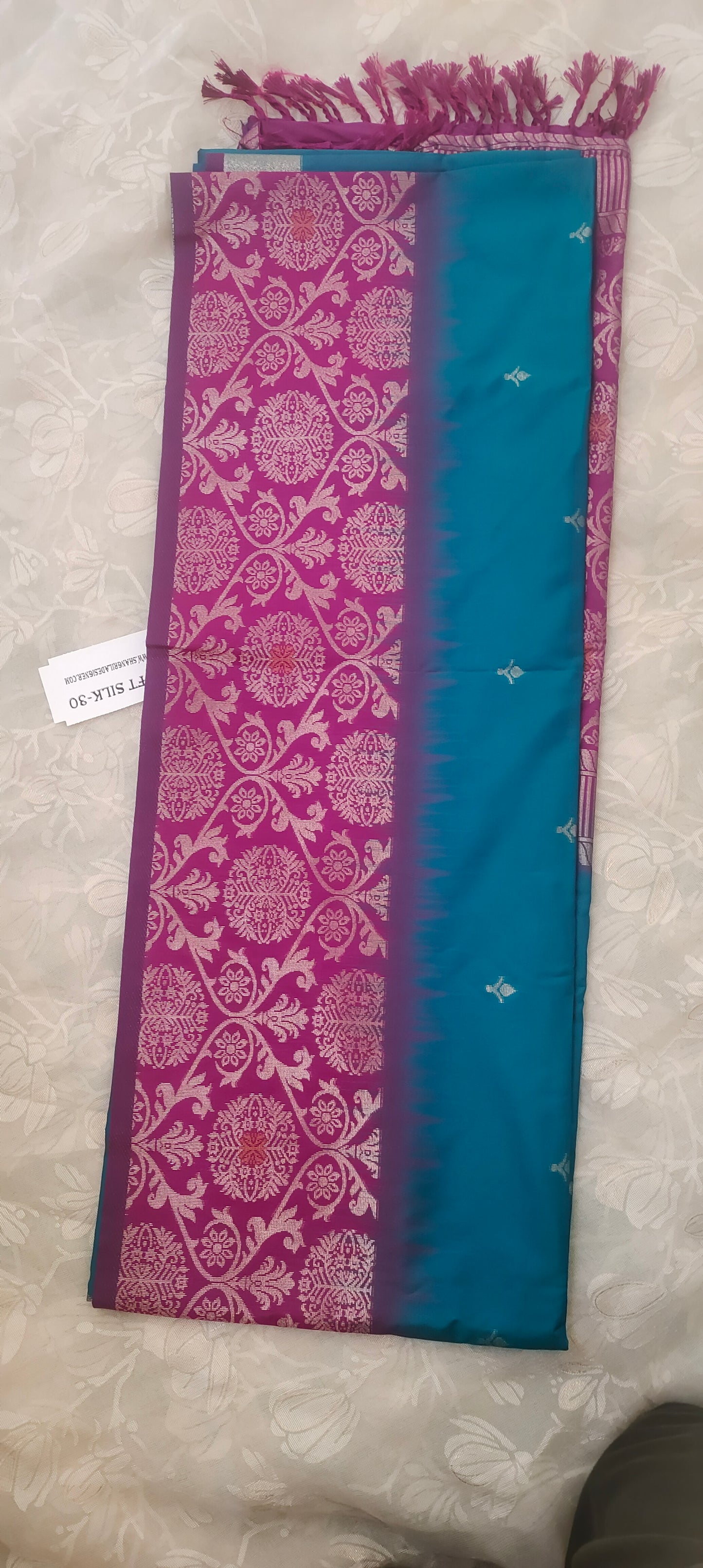 Blue color saree with pink border soft silk saree