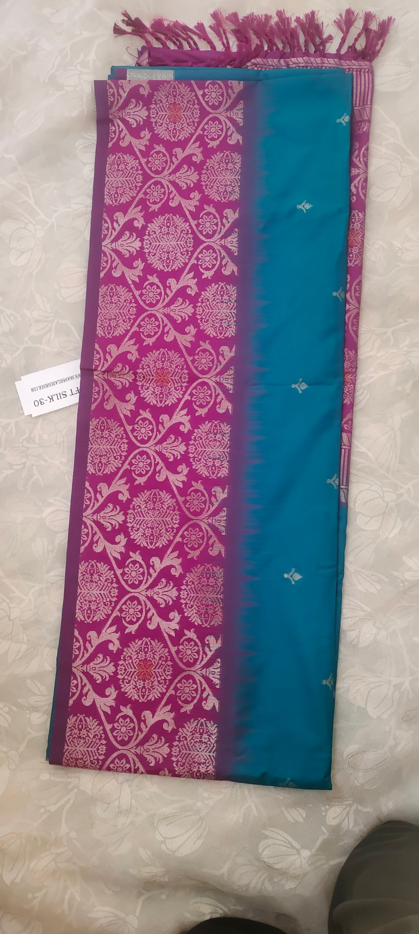 Blue color saree with pink border soft silk saree
