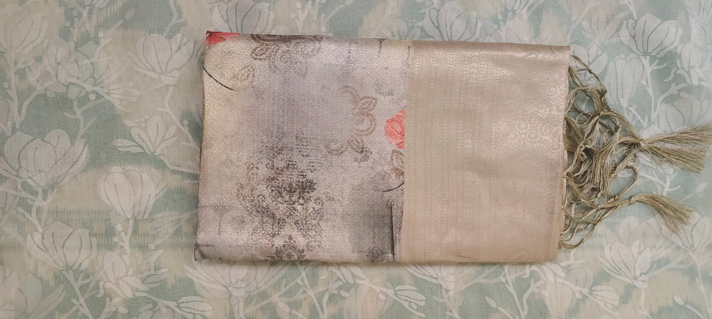 Grey floral design Soft silk saree