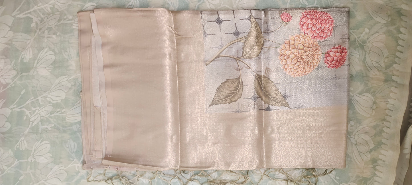 Grey floral design Soft silk saree