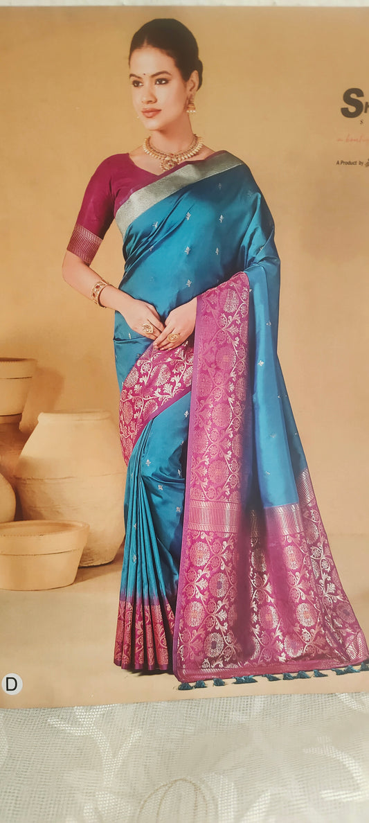 Blue color saree with pink border soft silk saree