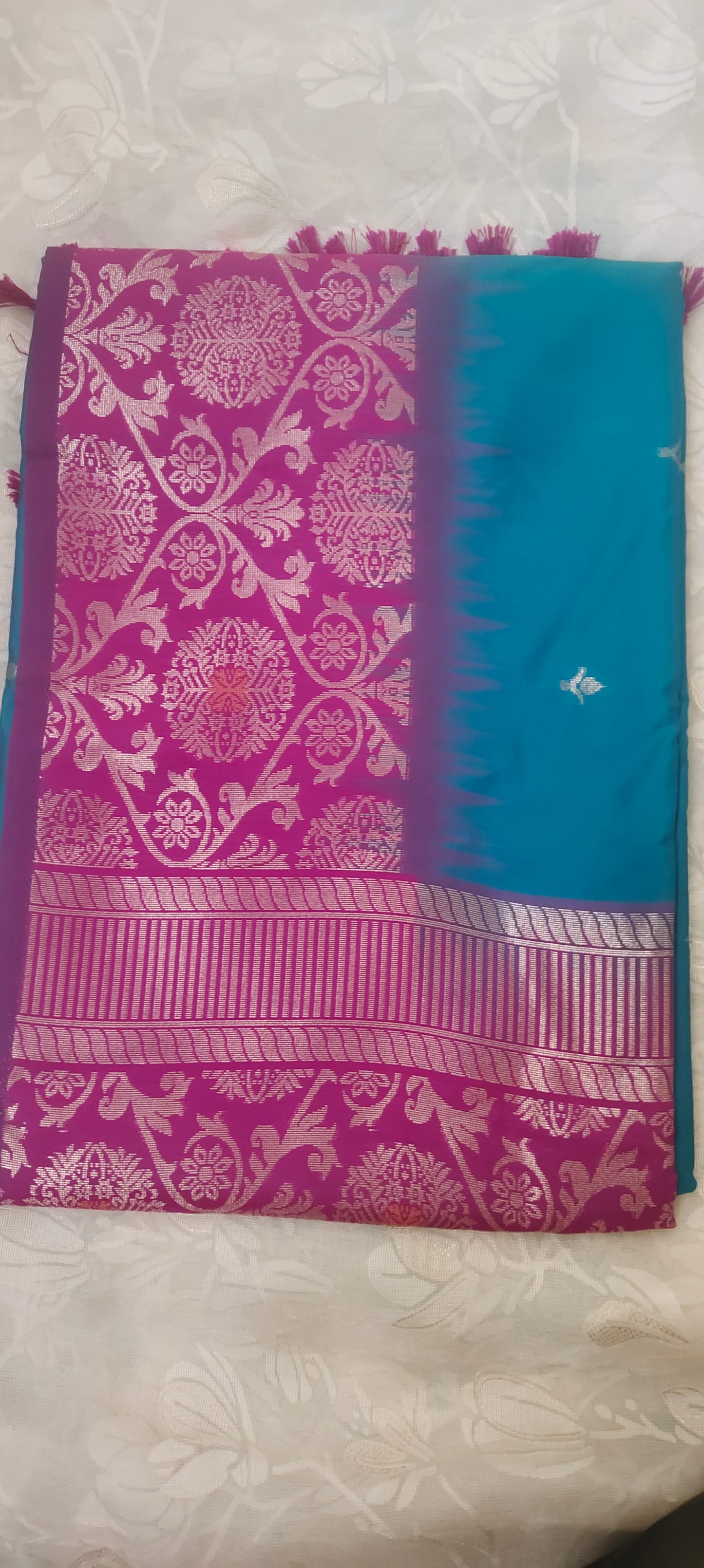 Blue color saree with pink border soft silk saree