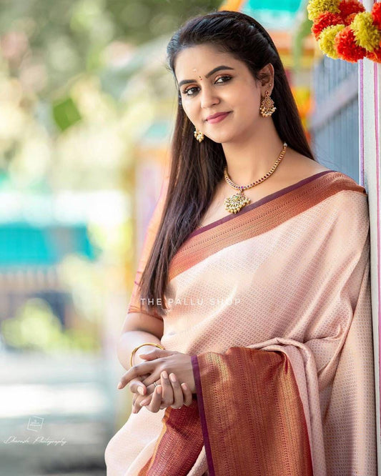 Cream color with Red border kuber pattu saree